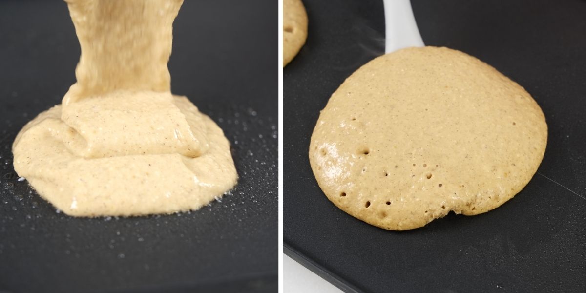 two image steps showing how to pour and flip healthy pumpkin pancakes on a griddle