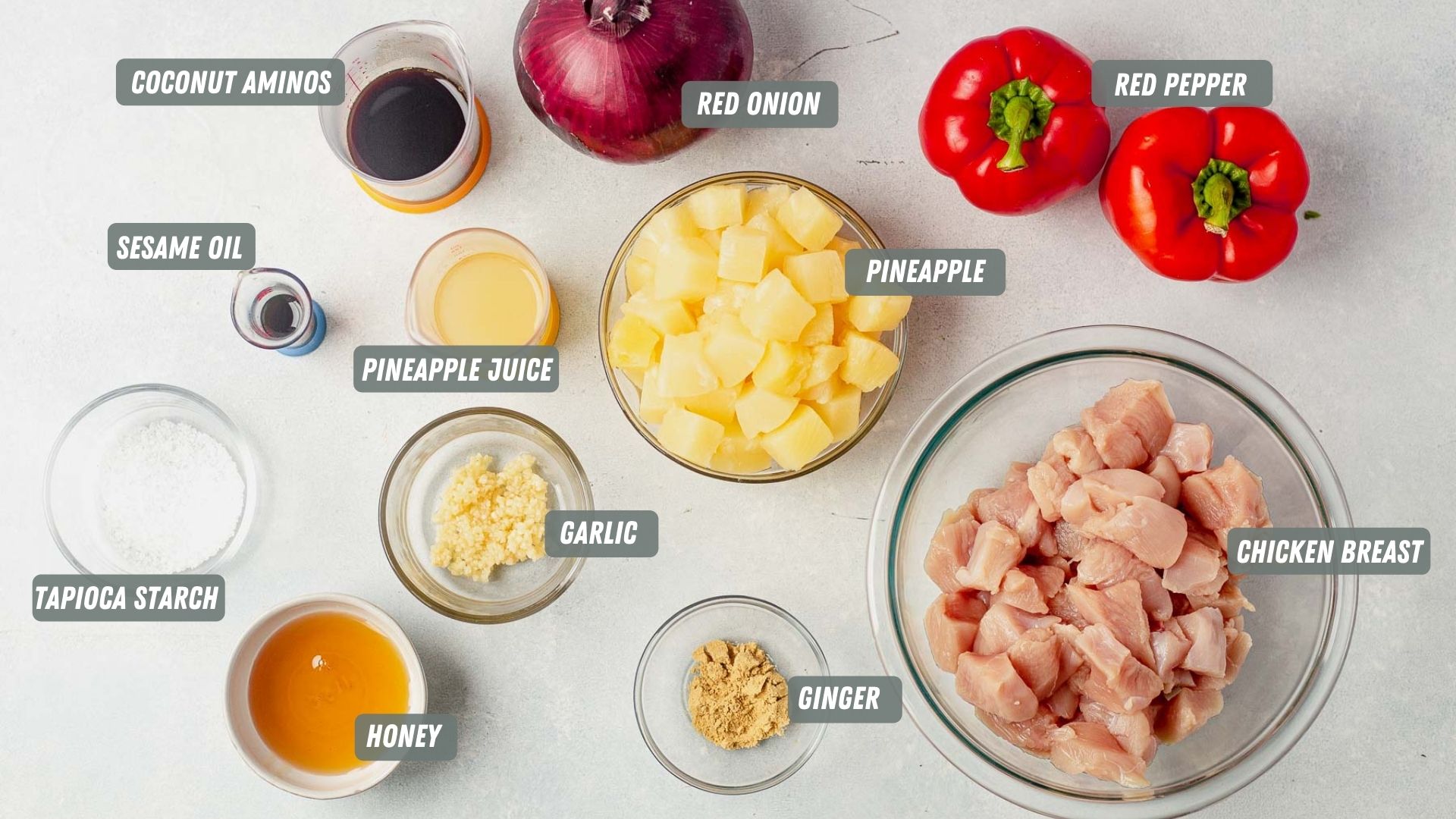 ingredients for hawaiian chicken kabobs measured out on the table