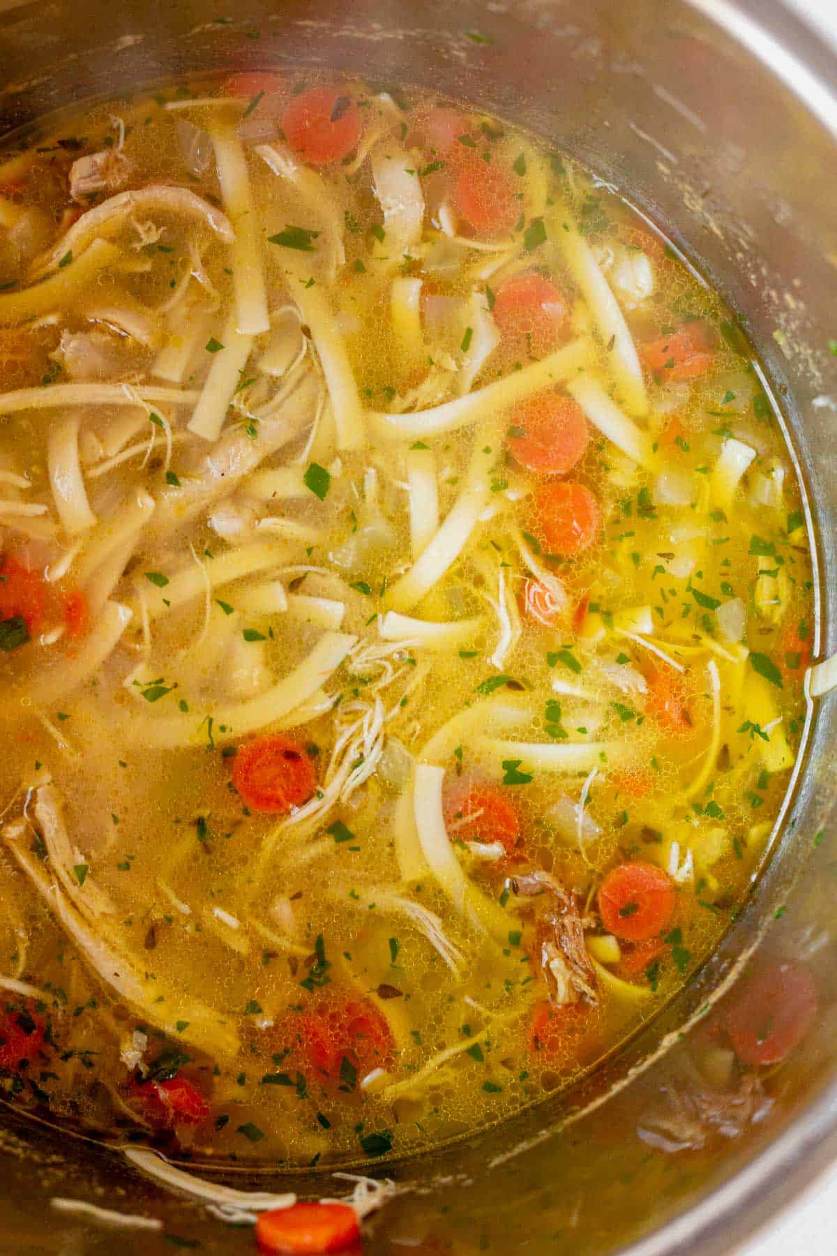 chicken noodle soup with carrots and egg noodles in the Instant Pot