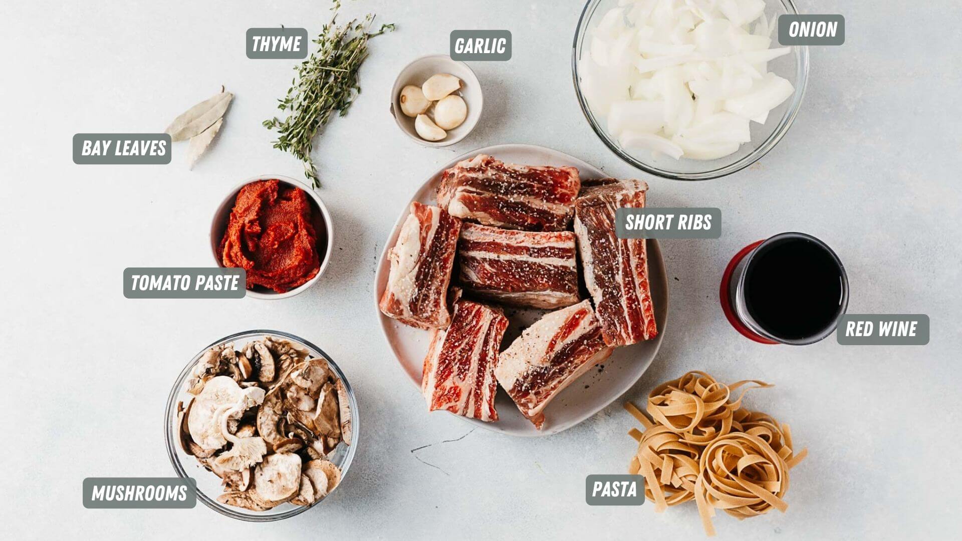 ingredients for braised short rib pasta measured out on the table