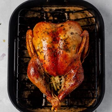 crispy roasted cheesecloth turkey resting on a roasting pan
