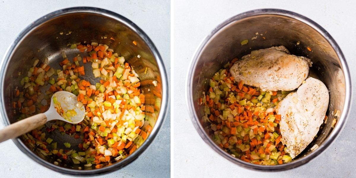 two images showing steps to saute veggies and sear chicken in the instant pot