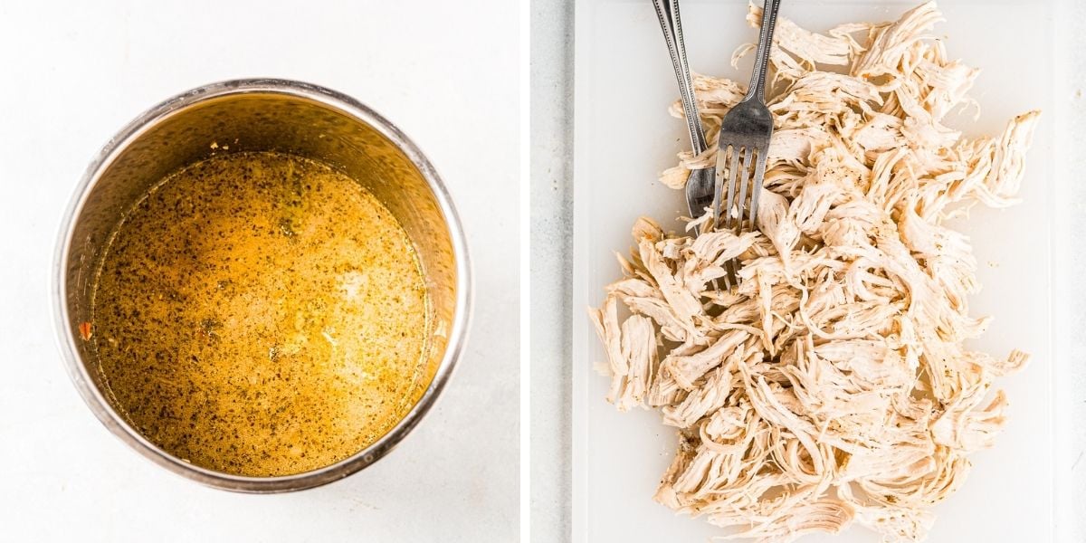 step by step images showing how to pressure cook greek lemon chicken soup and shred the chicken on a cutting board