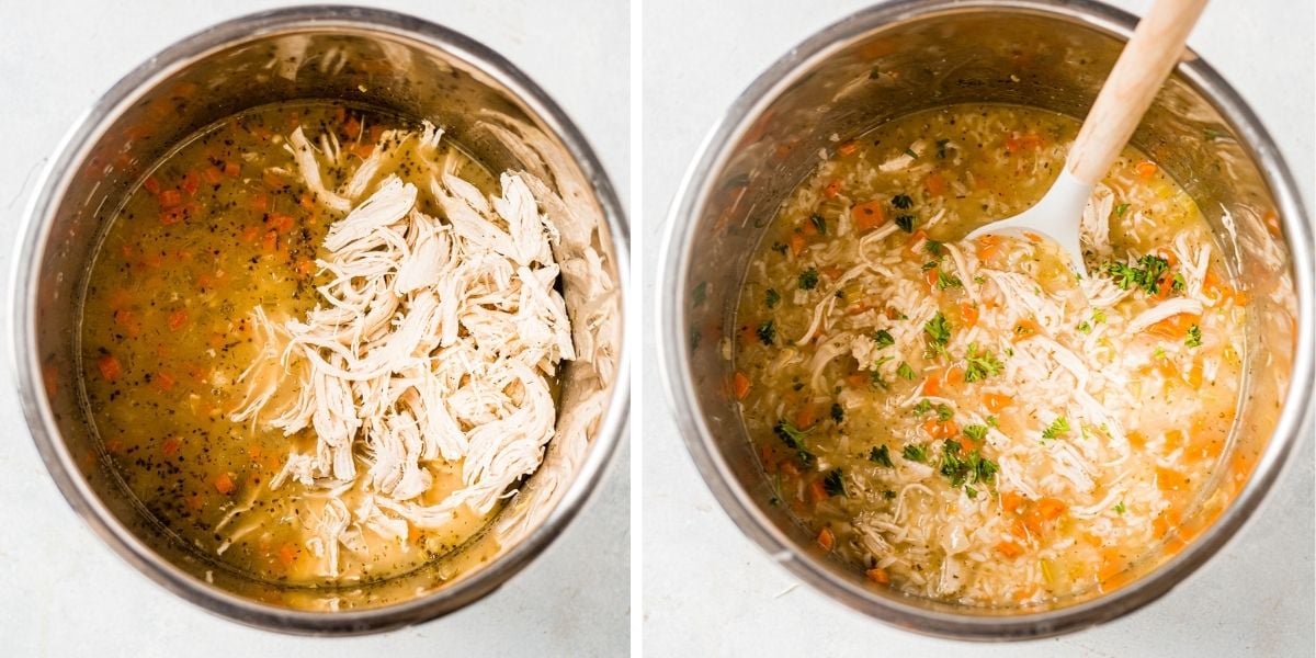 shredded chicken on top of greek lemon chicken soup and another photo of it all mixed together with a serving spoon