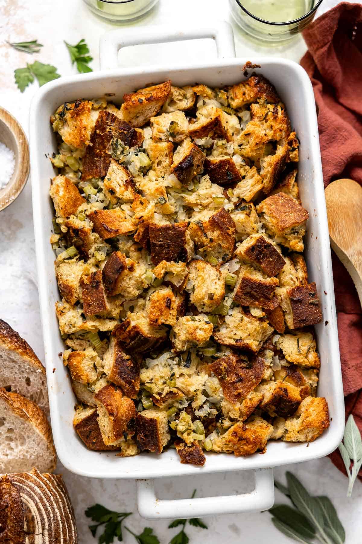 sourdough stuffing in a casserole dish.