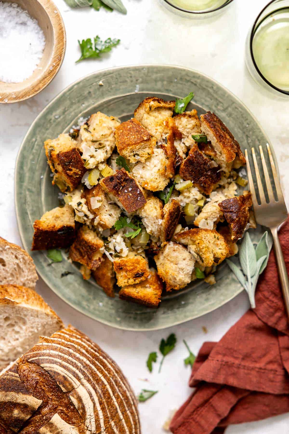 a plate of sourdough stuffing on a counter.