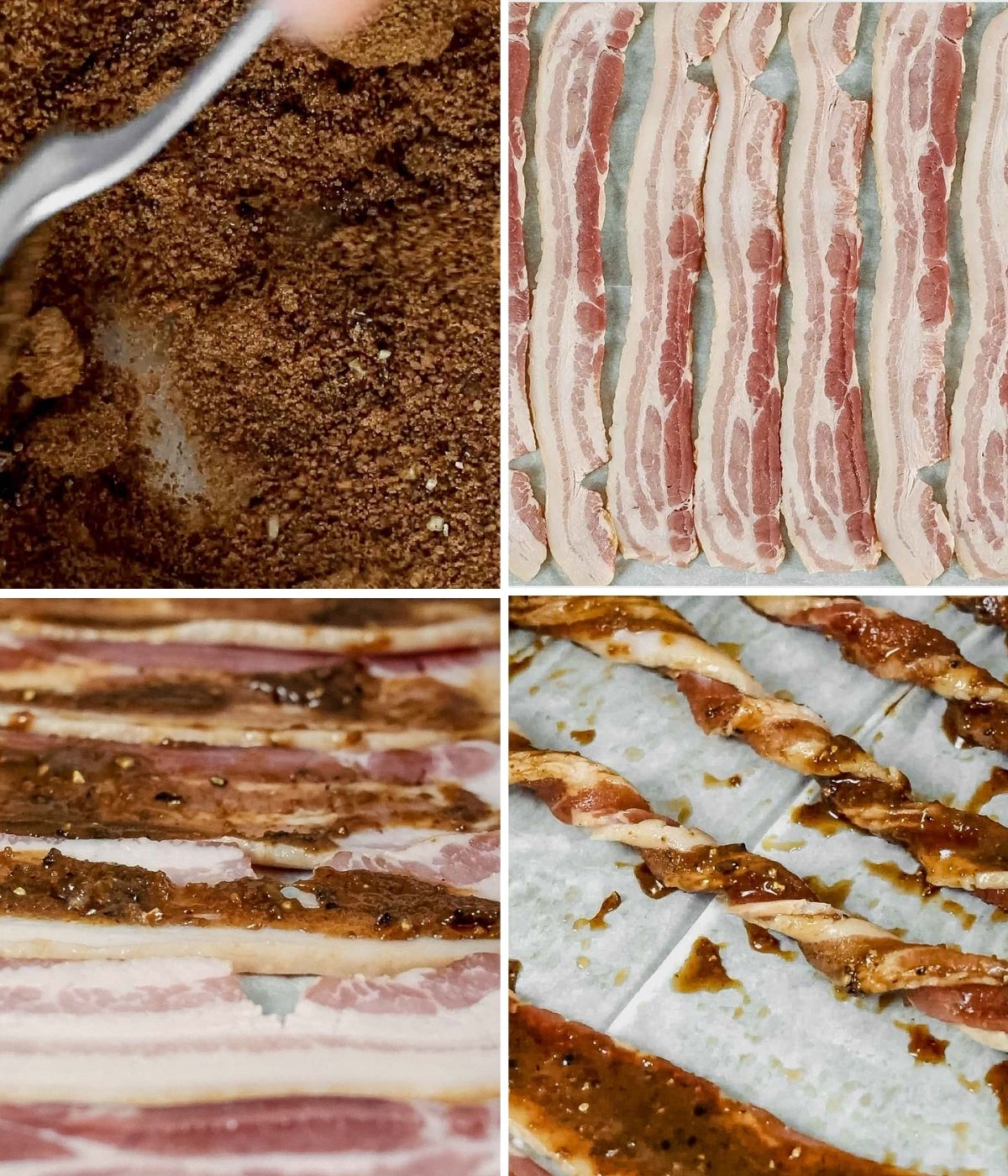 steps showing how to make twisted bacon