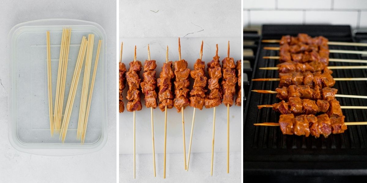 three step by step images showing how to skewer beef satay and cook it on a grill pan