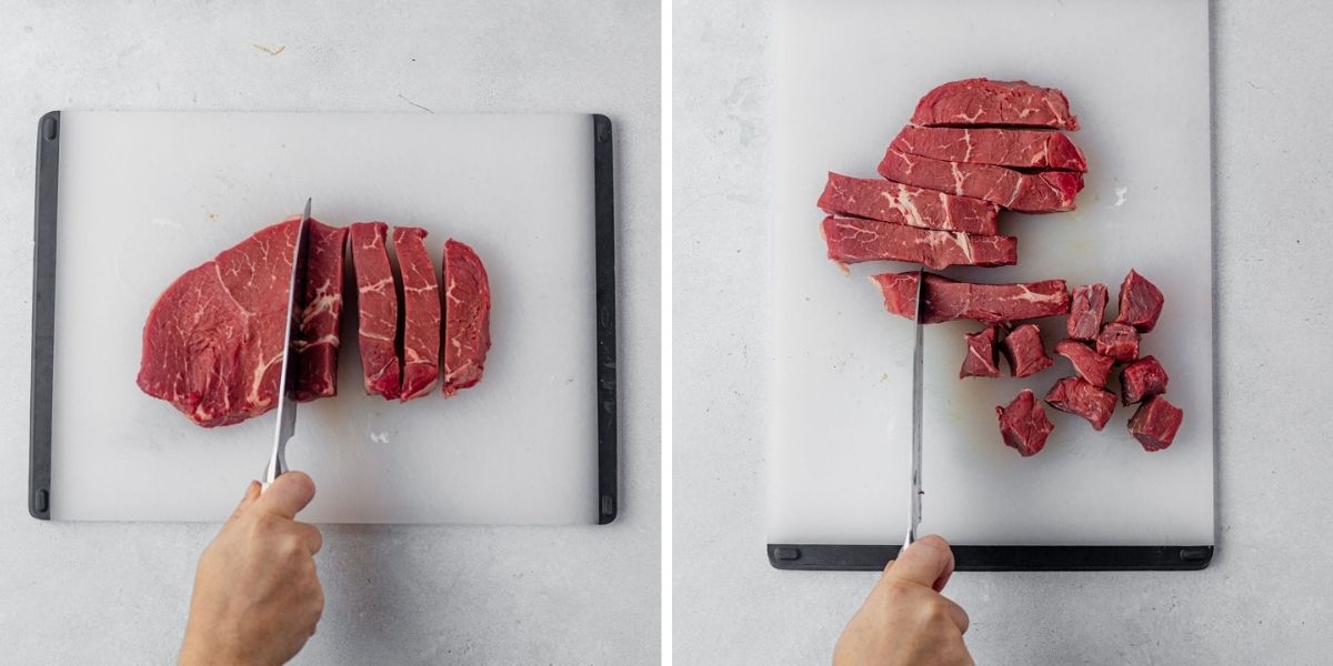 two images showing how to cut top sirloin steak into 1 inch pieces for satay