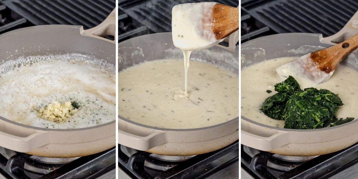step by step photos showing how to make lasagna bechamel sauce on the stove
