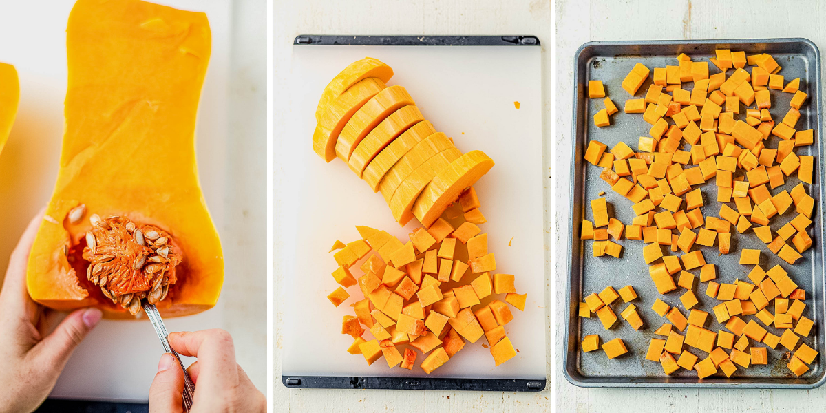 step by step photos showing how to scoop, dice and roast butternut squash on a sheet pan