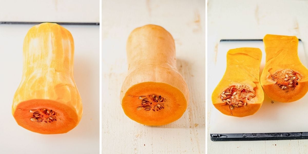 three photos showing how to peel and slice a butternut squash