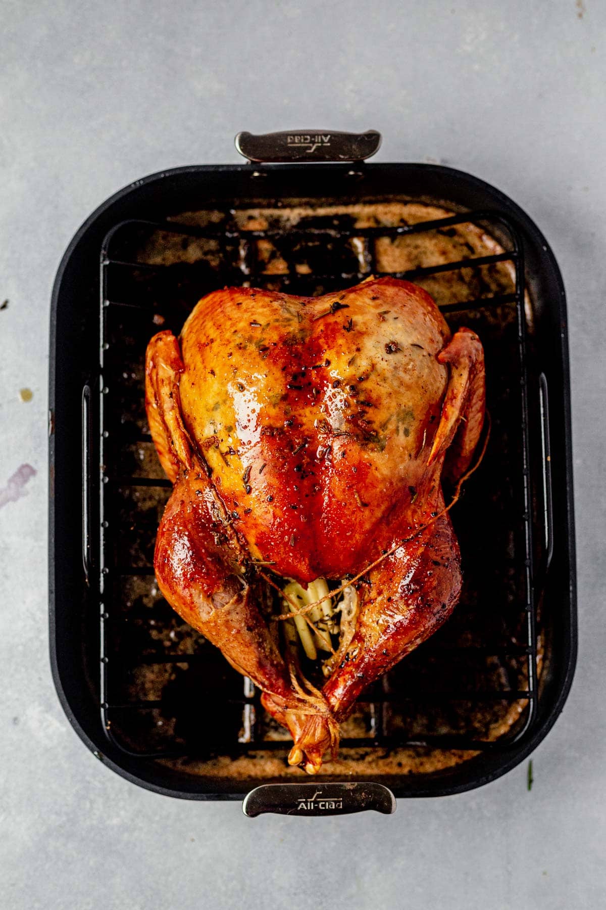 roasted turkey with fresh herbs in a roasting pan