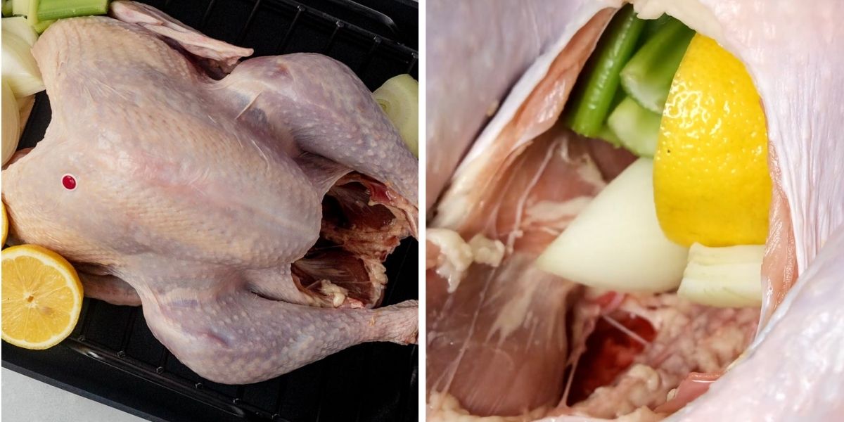 two images showing how to rest and stuff a turkey with fresh vegetables