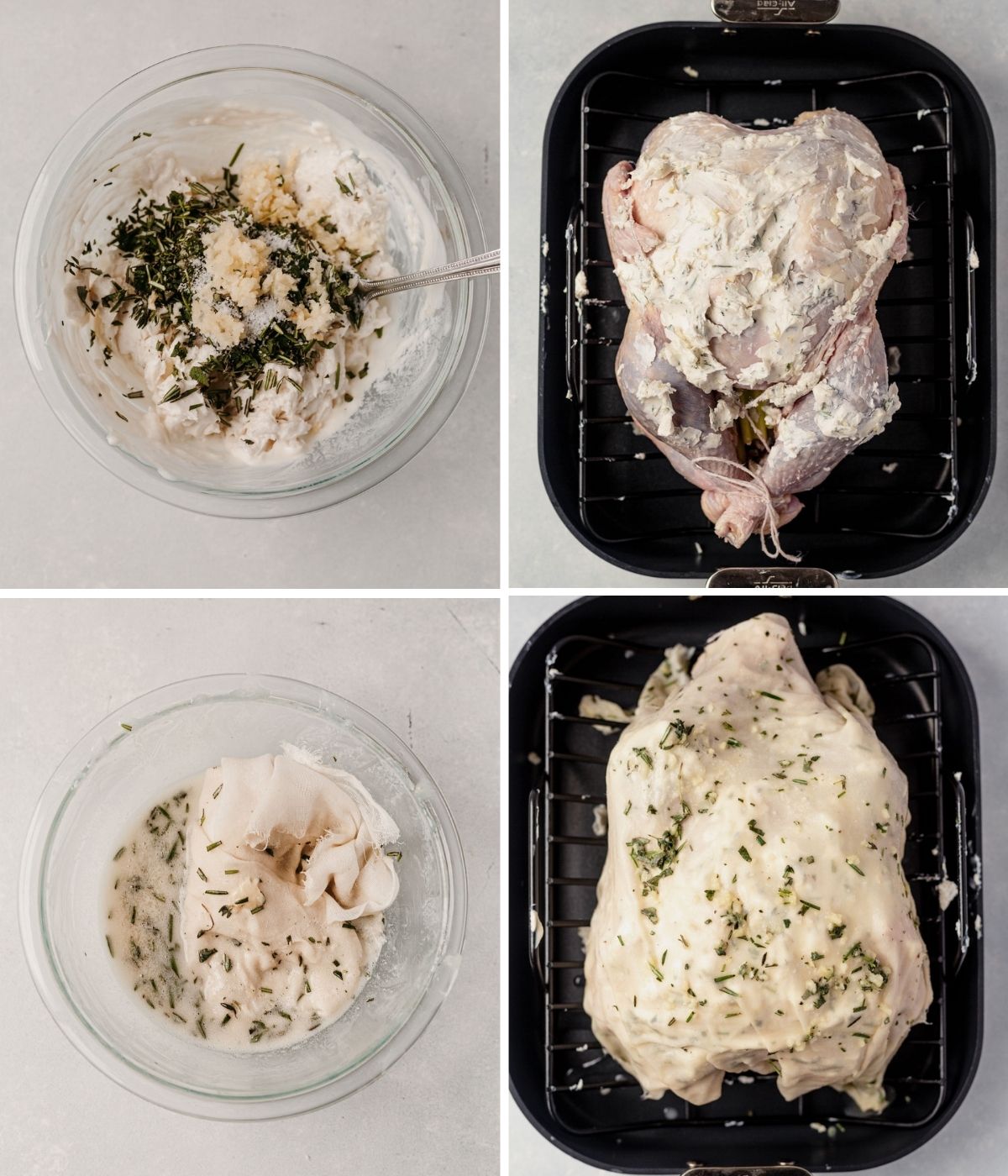 4 images showing how to make compound butter and soaking it in a cheesecloth to cover a turkey