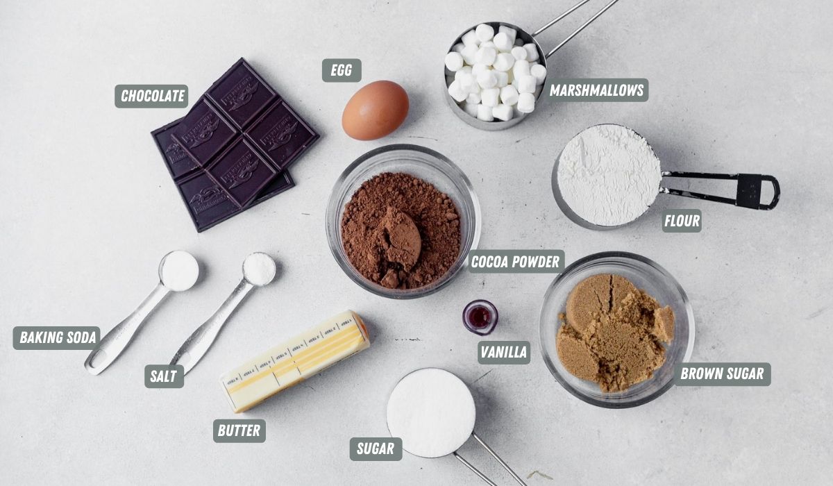 ingredients for chocolate marshmallow cookies measured out on a table