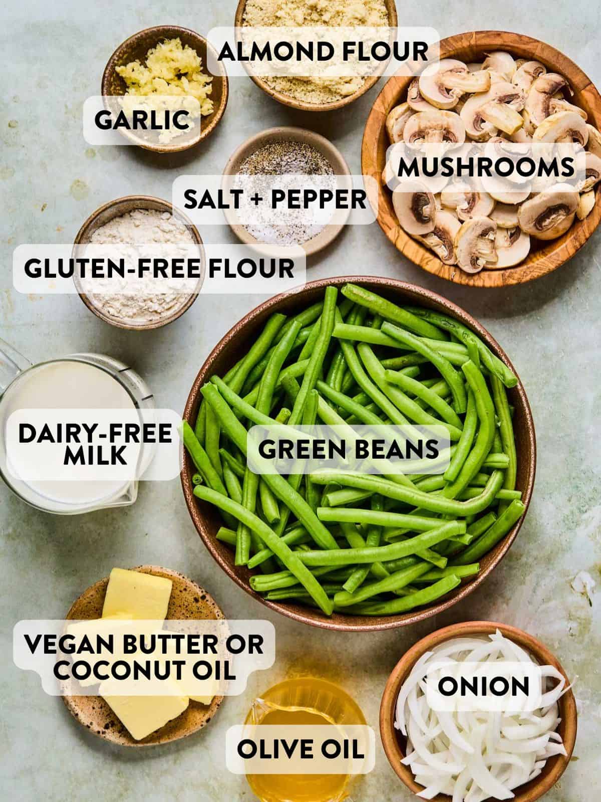 ingredients for gluten free dairy free green bean casserole on a counter.