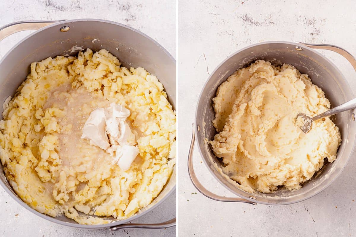 two images of potatoes mashed with vegan cream cheese and almond milk on top and then dairy free mashed potatoes mixed together