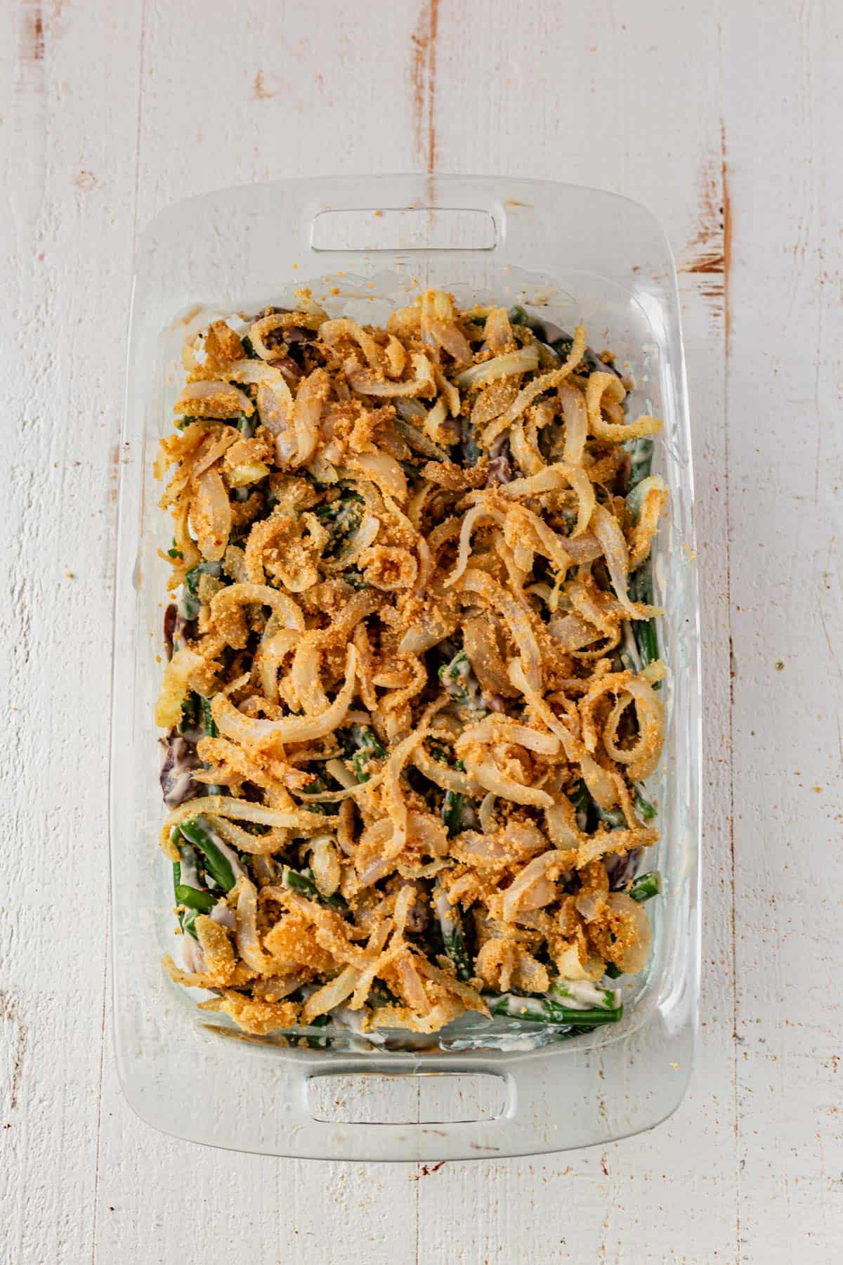 gluten and dairy free green bean casserole in a baking dish.