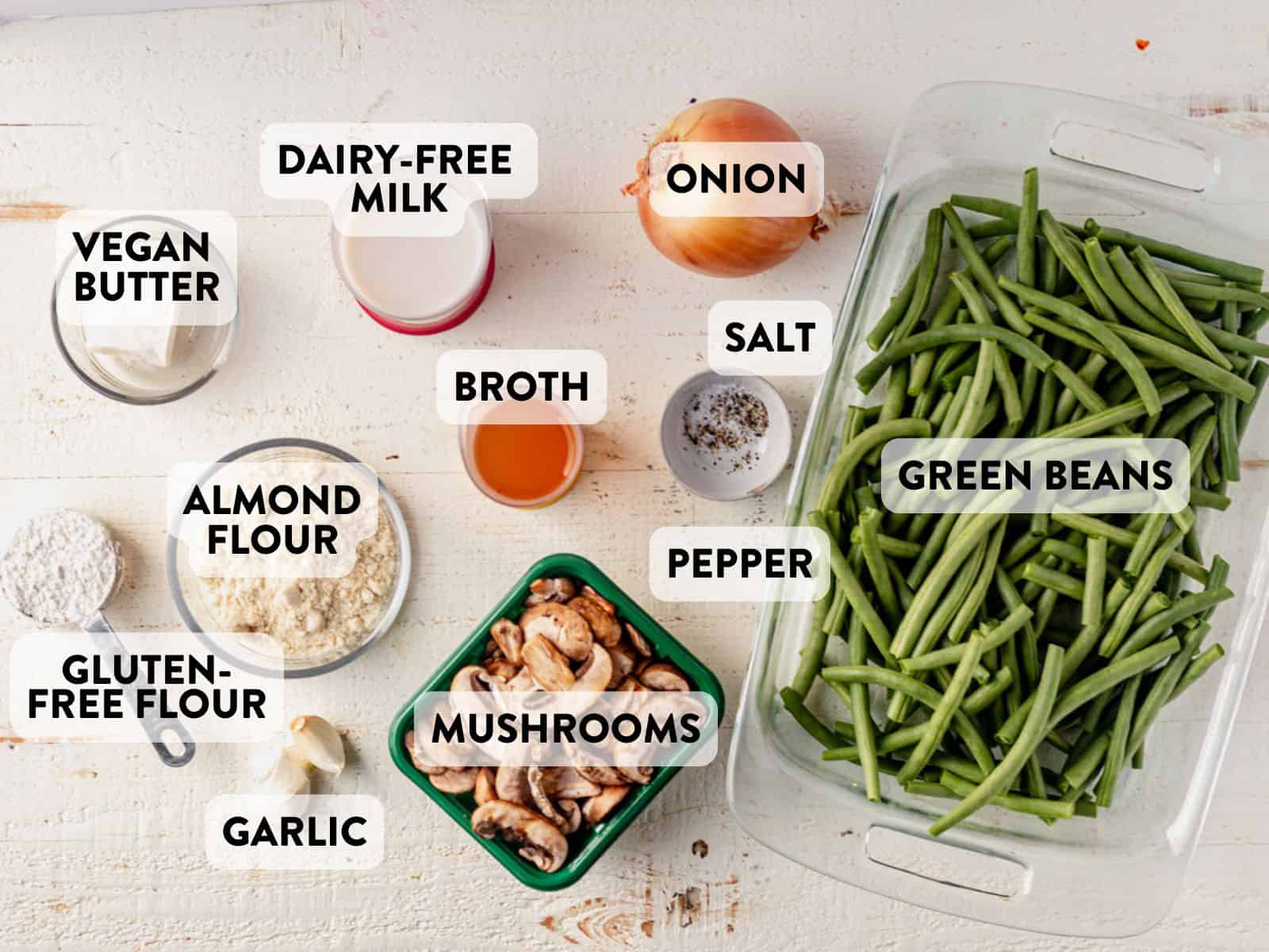 gluten free dairy free green bean casserole ingredients on a counter.