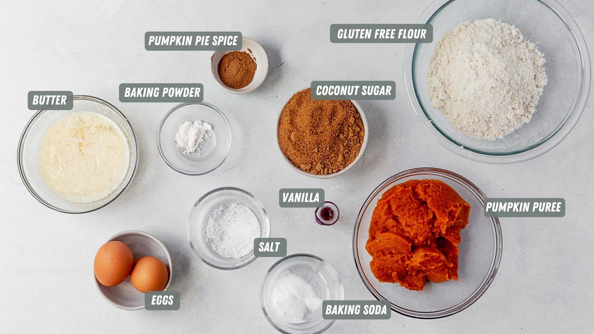 ingredients for gluten free pumpkin bread measured out on a white table