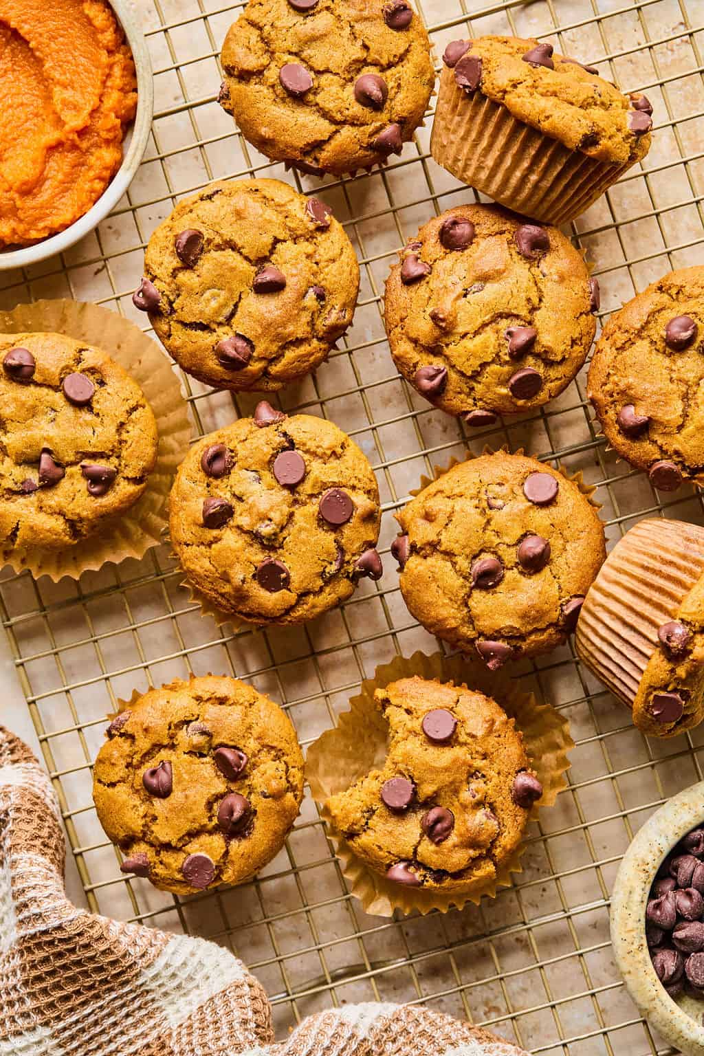 These gluten free pumpkin muffins are filled with pure pumpkin, fall spices and chocolate chips. Enjoy a delicious muffin in the morning this fall without all the gluten! a batch of gluten free pumpkin muffins with chocolate chips on a cooling rack with bowls of pumpkine puree and chocolate chips visible around them.