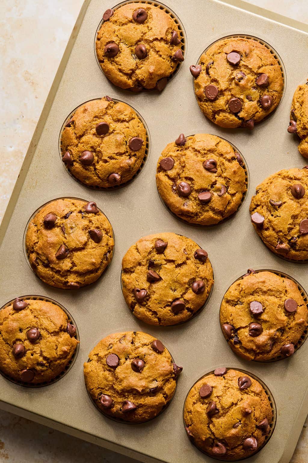 A muffin pan filled with twelve freshly baked gluten-free pumpkin muffins, golden brown with chocolate chips scattered on top, sits on a light-colored surface.