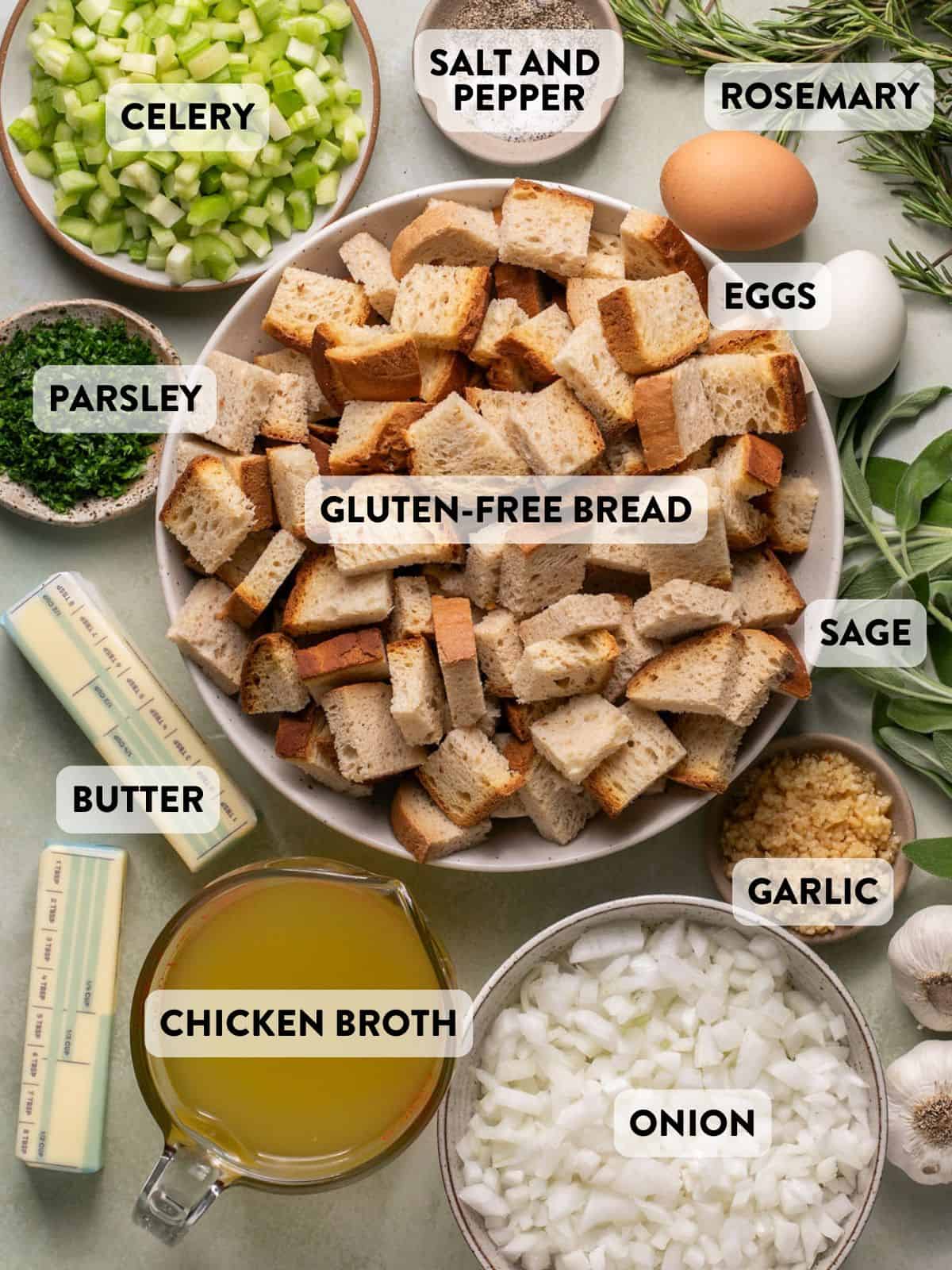 gluten free stuffing ingredients on a counter.