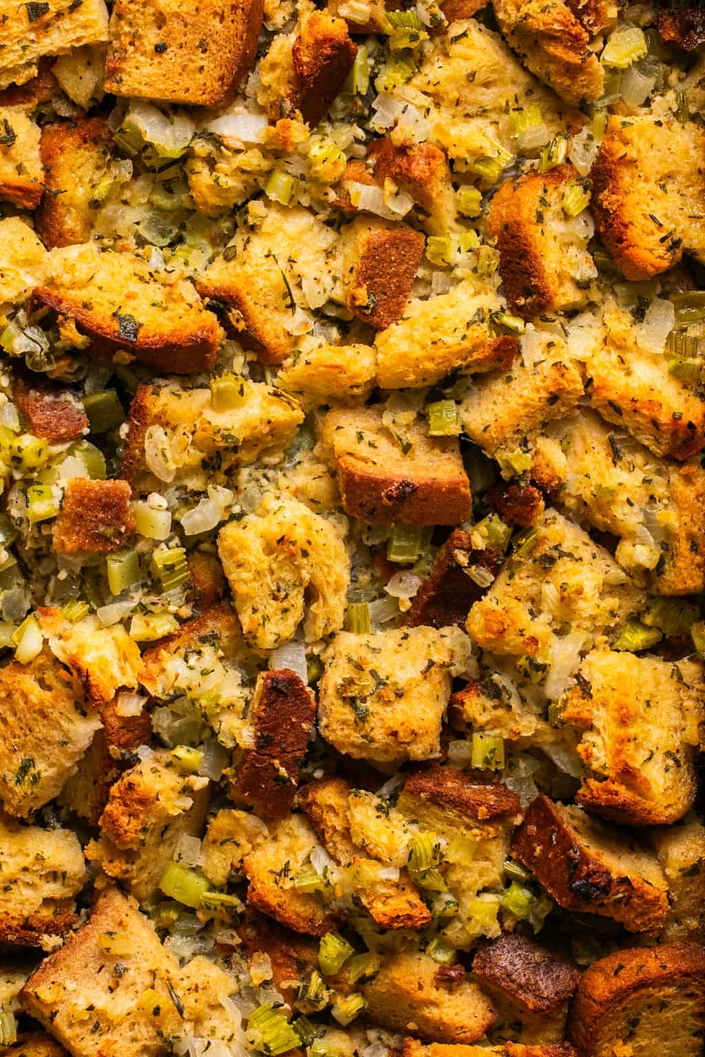 fresh baked gluten free stuffing in a casserole dish.