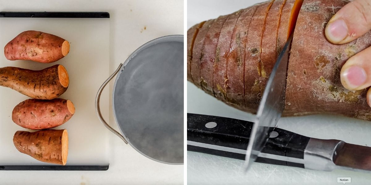 step by step photo showing how to boil and slice hasselback sweet potatoes