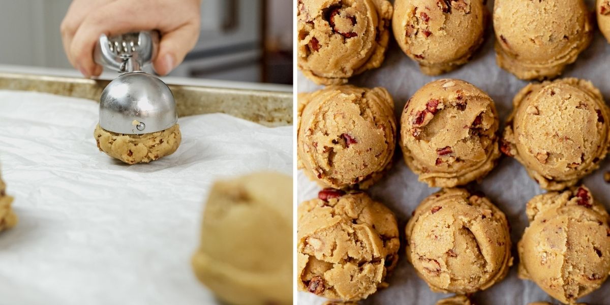 scooping and place maple pecan cookie dough on a baking sheet