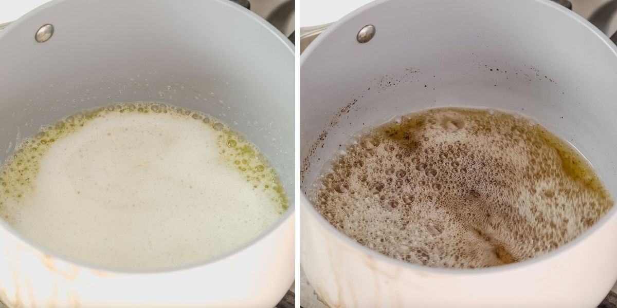 two photos showing how to brown butter 