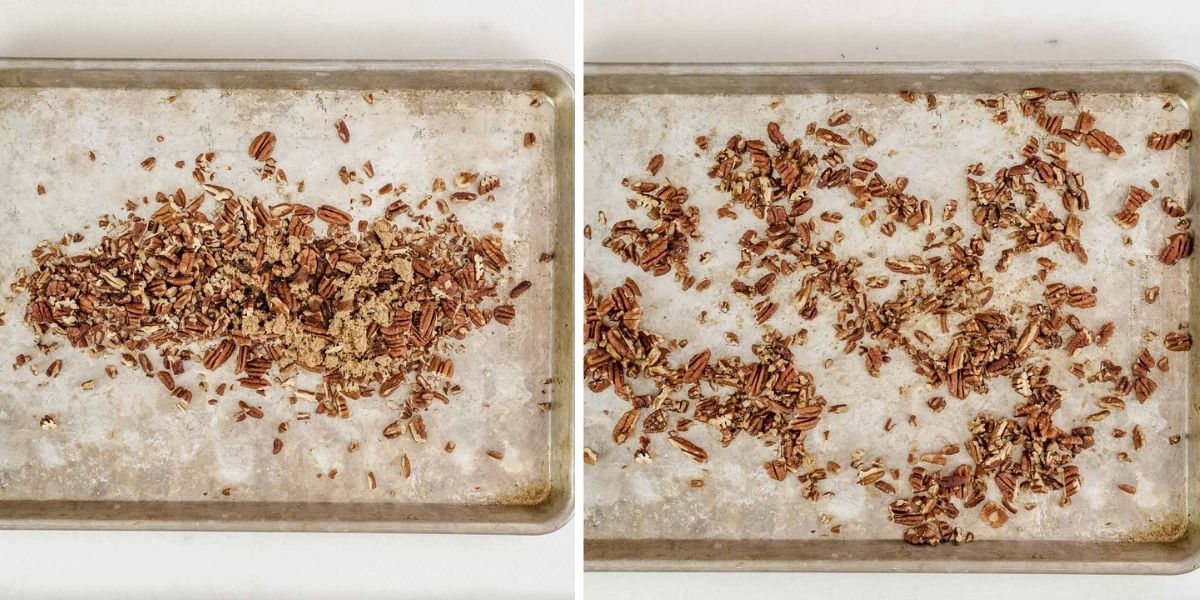 toasted maple pecans on a sheet pan
