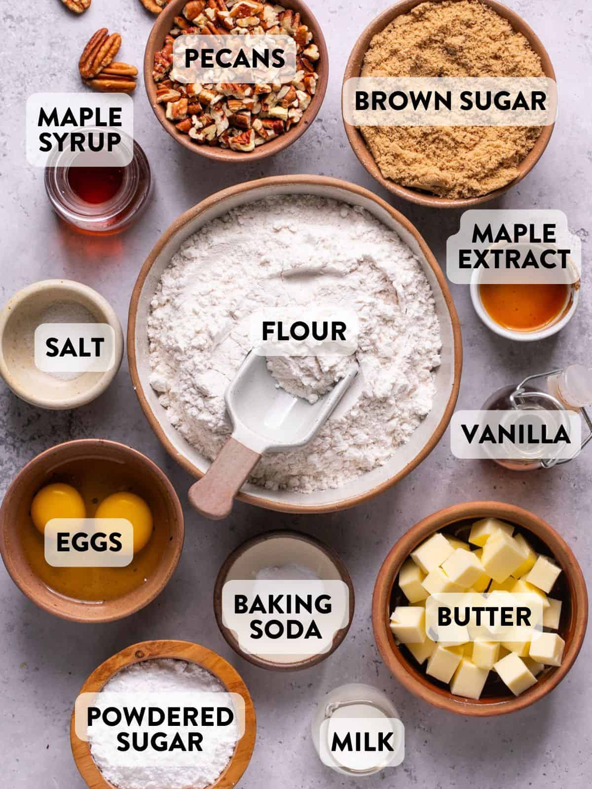 ingredients for maple pecan cookies on a countertop.