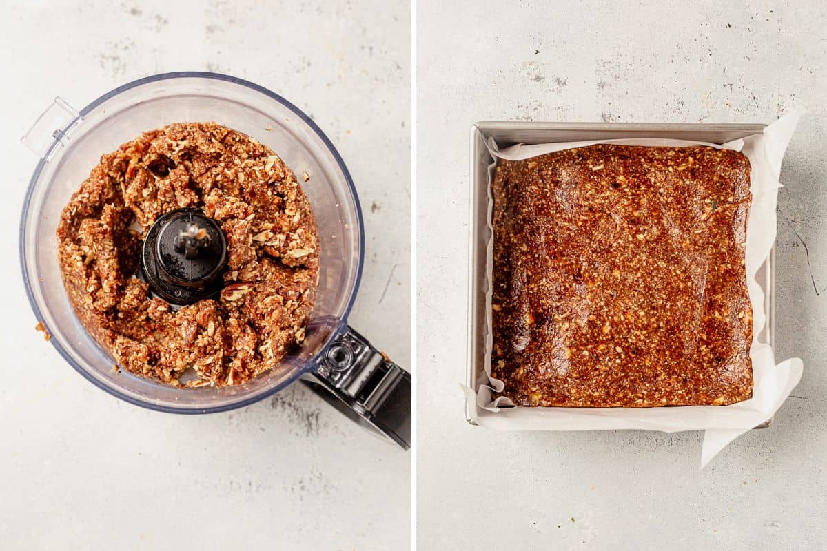 pecan date crust blended and pressed into a pan