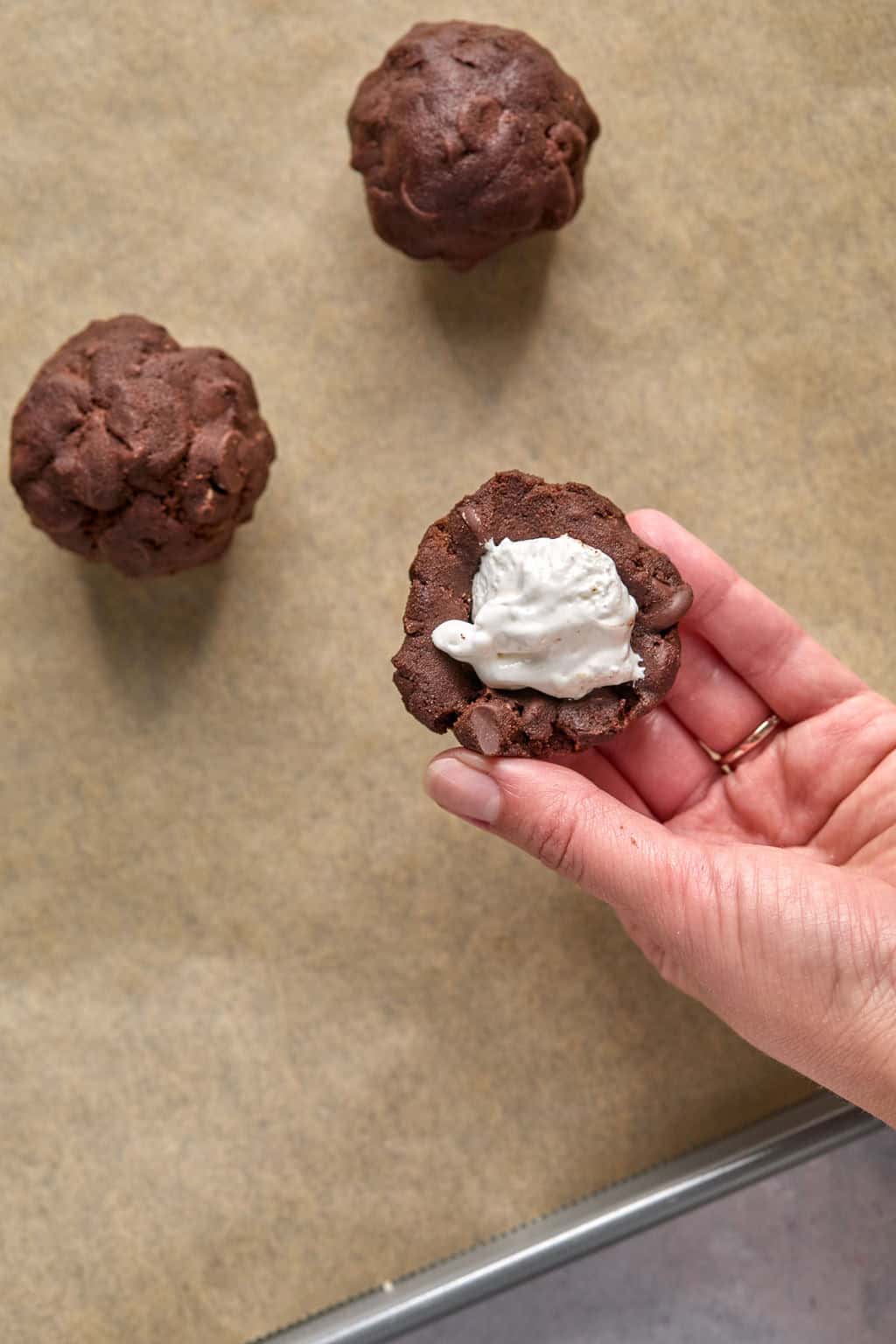 stuffing marshmallow fluff inside mexican hot chocolate cookie dough.