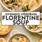 two images of chicken florentine soup in a bowl with a spoon.