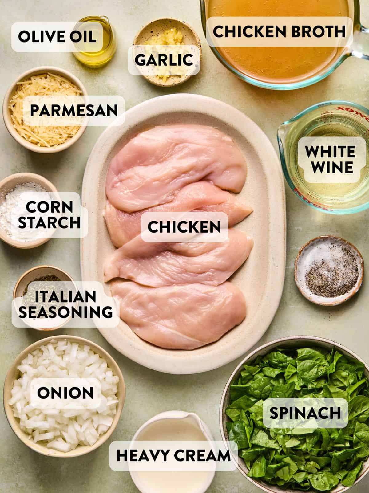 ingredients for chicken florentine soup on a counter.