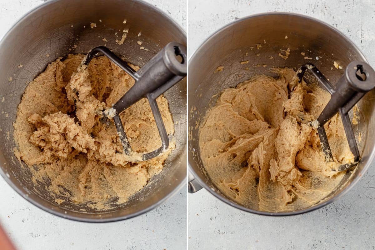 two images of butter and sugar creamed together and then eggs and vanilla beaten into it