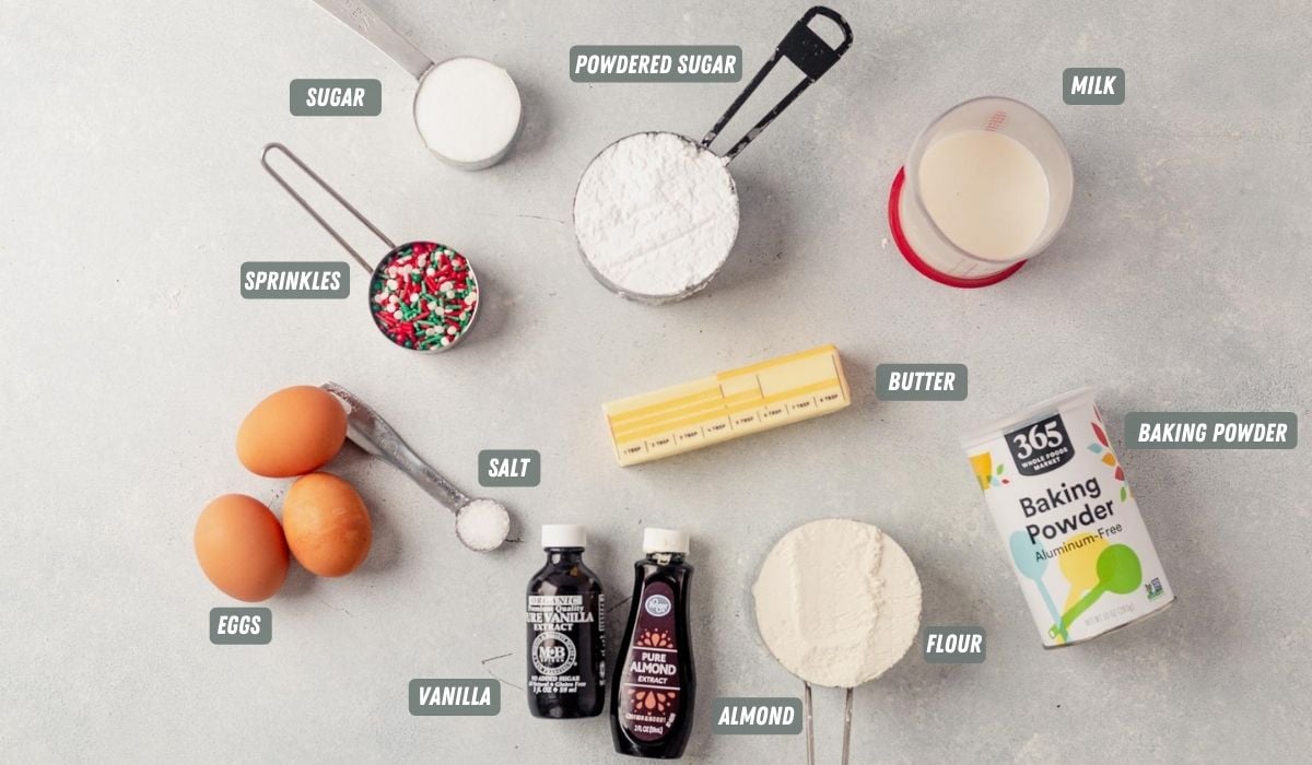 Italian sprinkle cookie ingredients measured out on a table