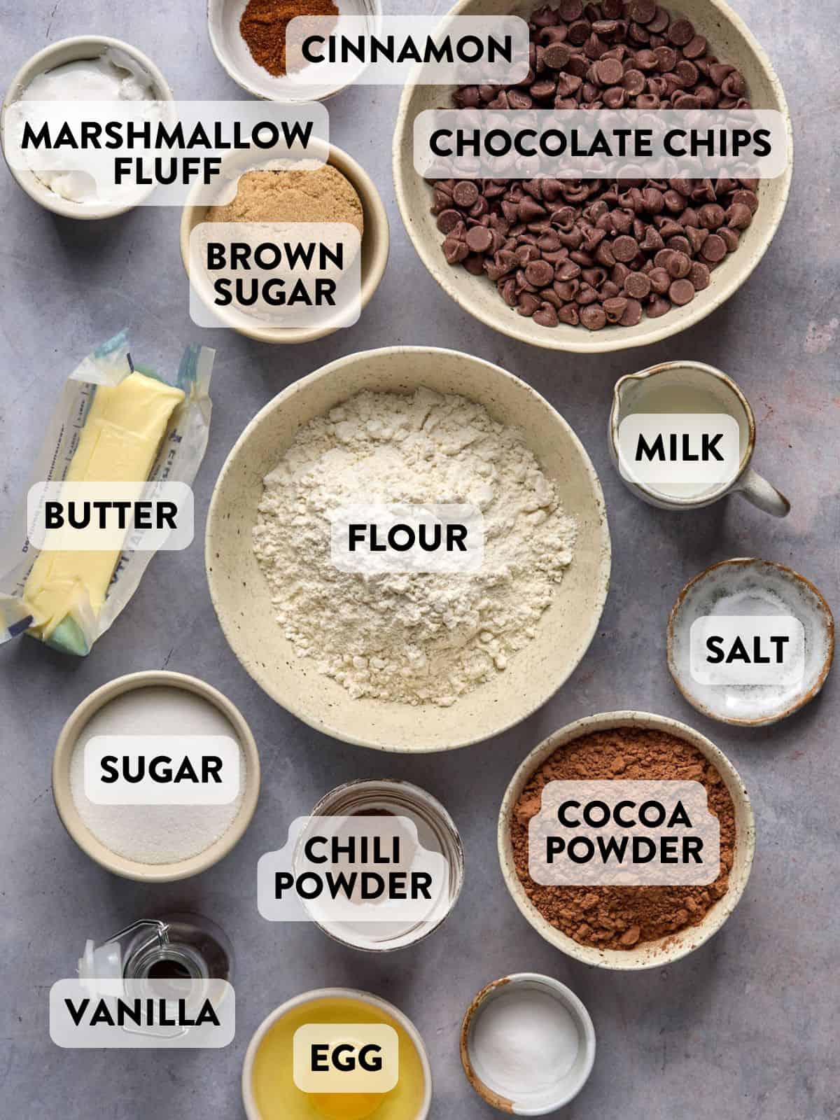 ingredients for mexican hot chocolate cookies on a counter.