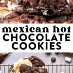 two images of mexican hot chocolate cookies on a cooling rack.