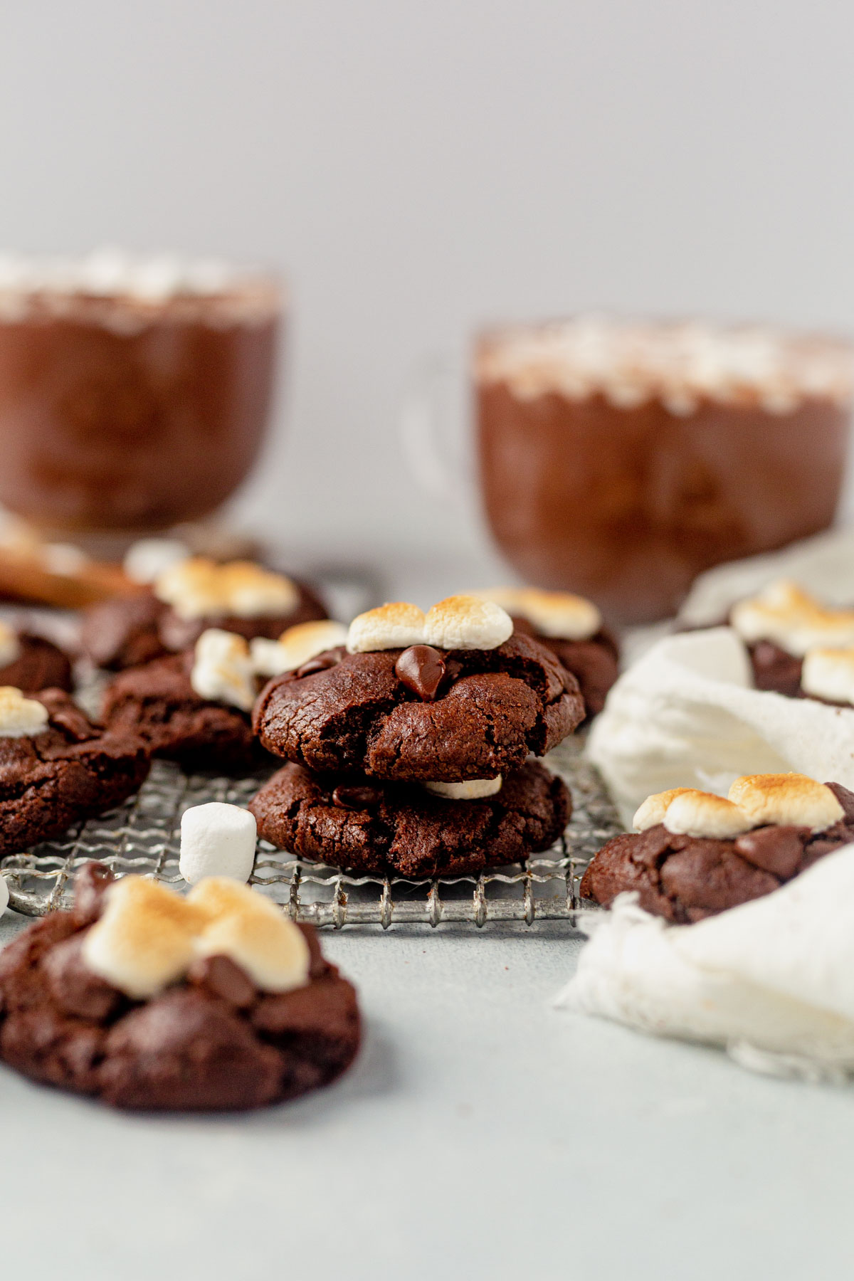 mexican marshmallow cookies topped with toasted marshmallows next to mexican hot chocolate