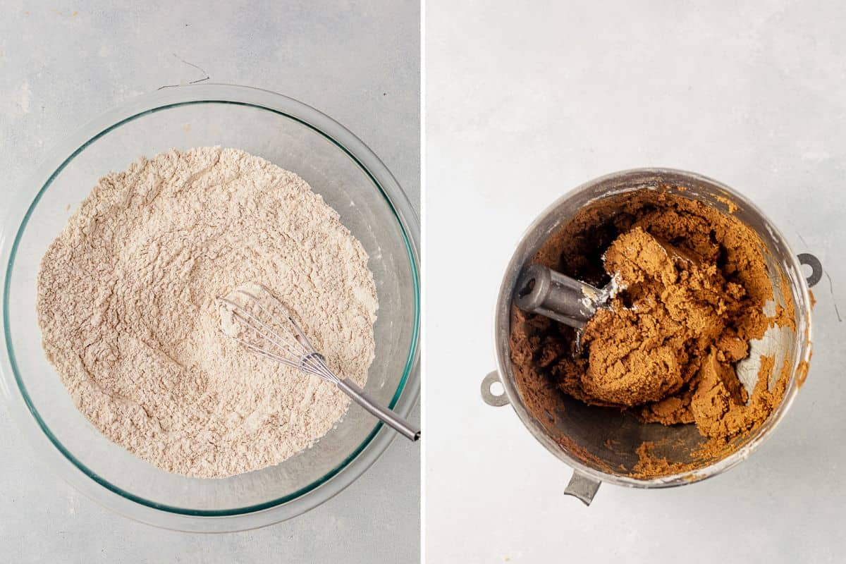 two images of flour, baking soda, and salt in a bowl and then gingerbread cookie dough in a mixing bowl