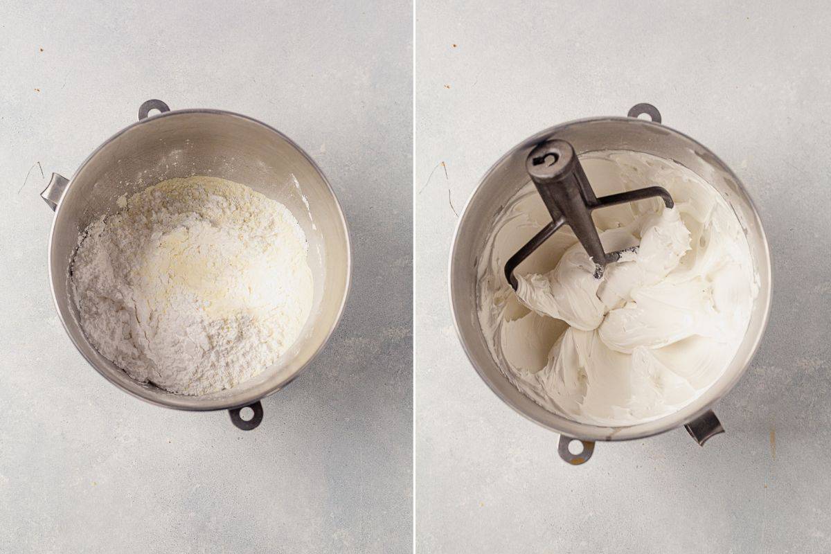 two images of meringue powder and powdered sugar and then meringue icing in a mixing bowl with a paddle attachment