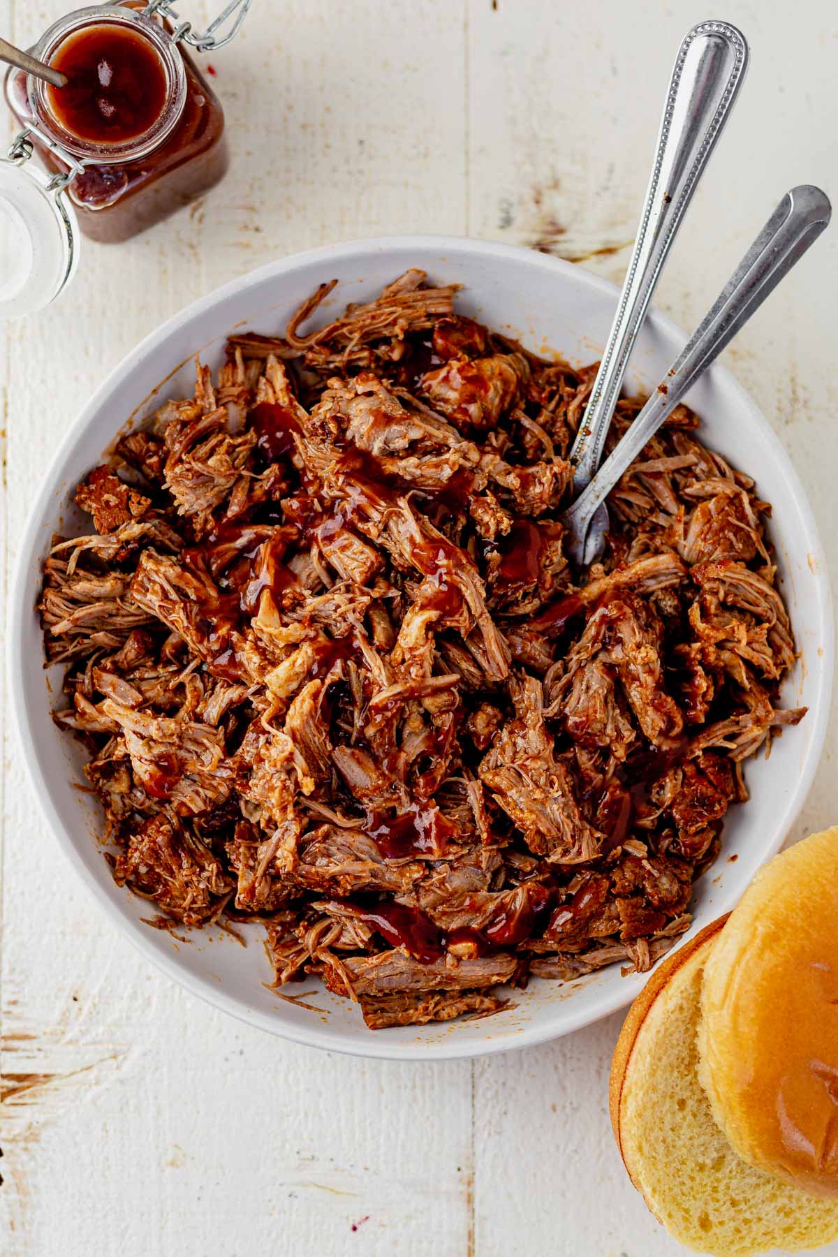 whole30 bbq sauce covering pulled pork in a bowl