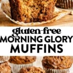 drizzling honey over a gluten free morning glory muffin and then tall baked gluten free muffins on a table.