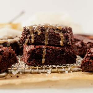chewy chocolate tahini brownies cut into squares