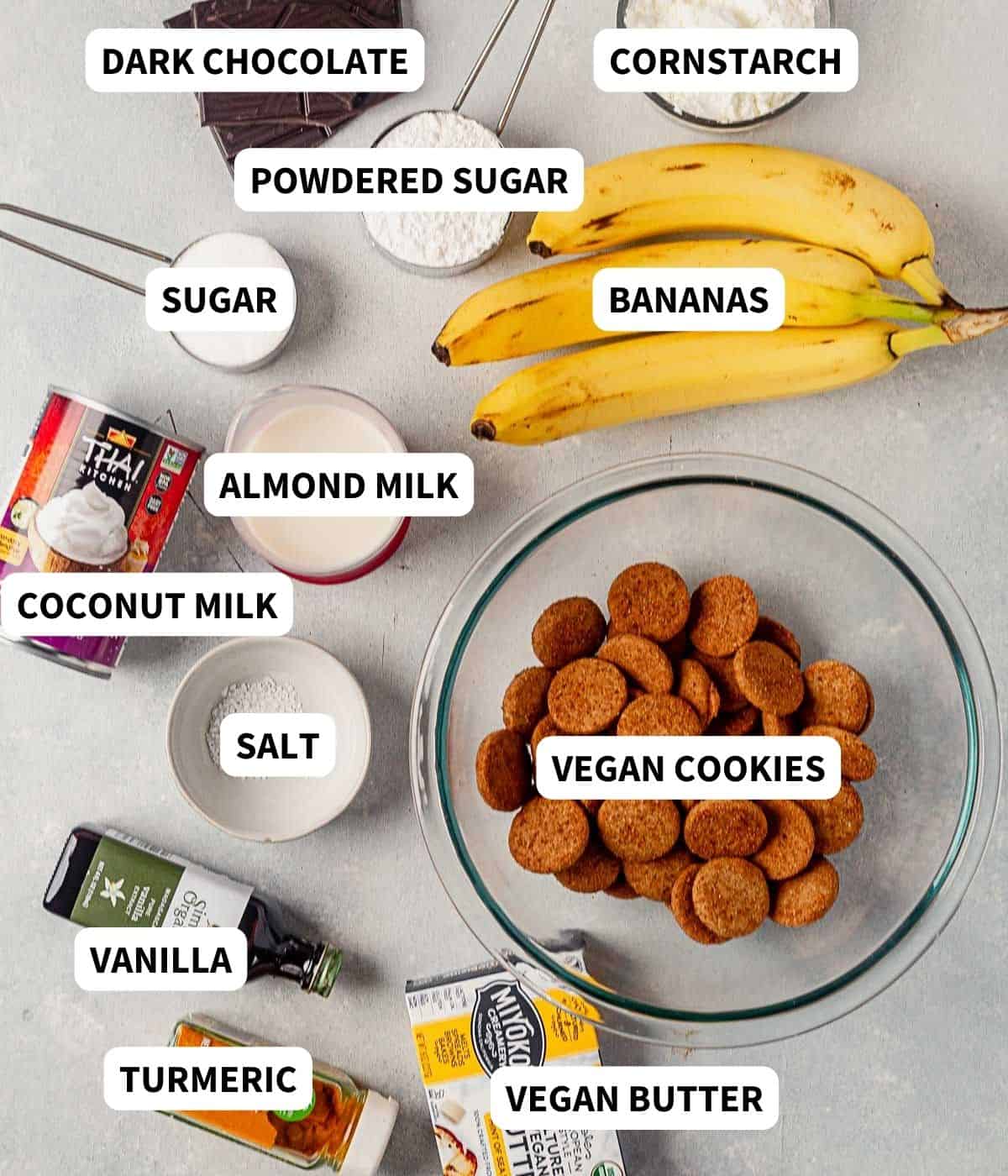 vegan banana cream pie ingredients on a countertop