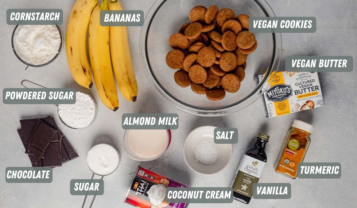 ingredients for vegan banana cream pie measured on the table